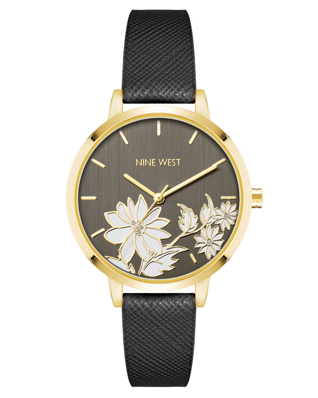nine west Floral Dial Saffiano Strap Watch